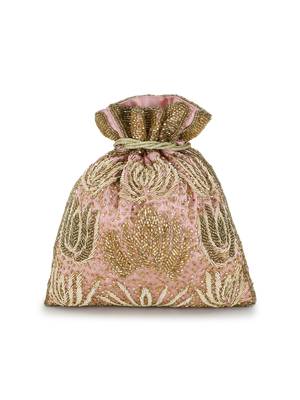 Dangle Pastel Pink, Champagne & Gold Satin Floral Embellished Potli 3