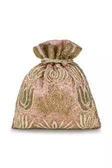 Dangle Pastel Pink, Champagne & Gold Satin Floral Embellished Potli