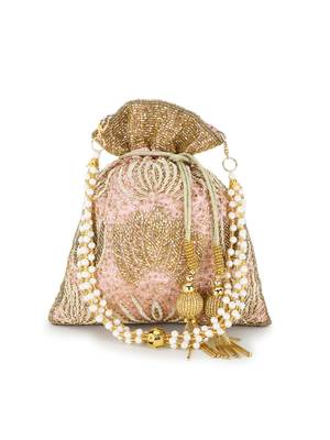 Dangle Pastel Pink, Champagne & Gold Satin Floral Embellished Potli 5