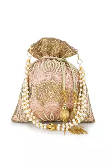 Dangle Pastel Pink, Champagne & Gold Satin Floral Embellished Potli