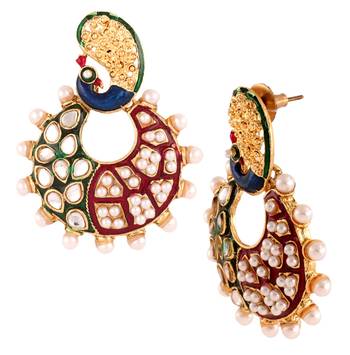 Peacock Chaand Bali 22 K Gold Plated Maroon Green Blue Pearl Jhumki Earring for Women 1