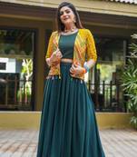 Voolka Sea Green Fox Georgette Fabric With Embroidery Worked Designer Lehenga Choli And Jacket For Womens