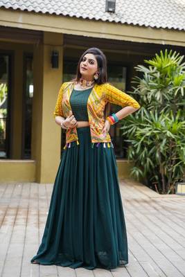 Voolka Sea Green Fox Georgette Fabric With Embroidery Worked Designer Lehenga Choli And Jacket For Womens 2