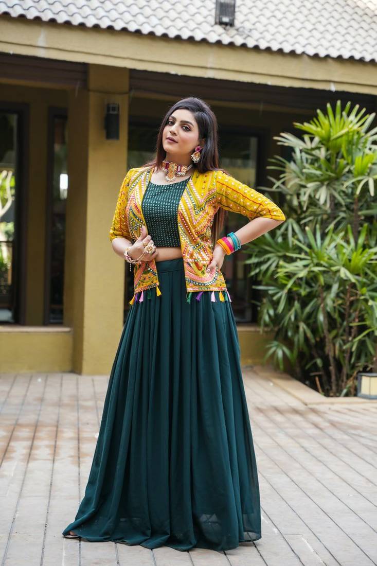 Voolka Sea Green Fox Georgette Fabric With Embroidery Worked Designer Lehenga Choli And Jacket For Womens