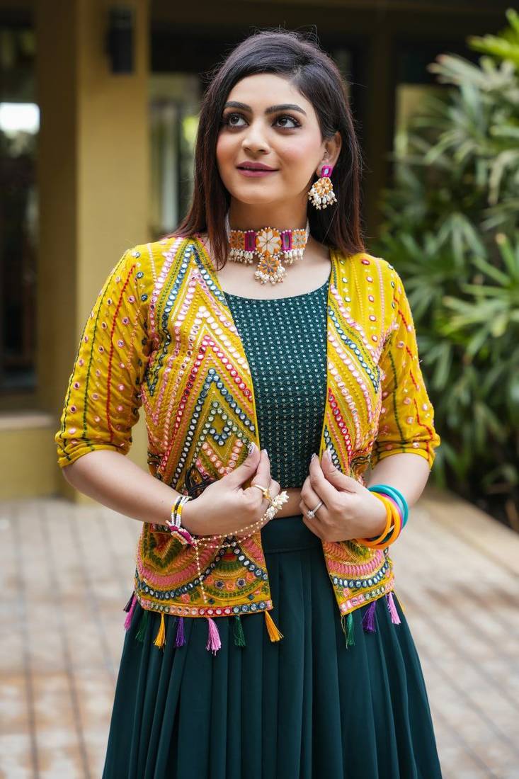 Voolka Sea Green Fox Georgette Fabric With Embroidery Worked Designer Lehenga Choli And Jacket For Womens