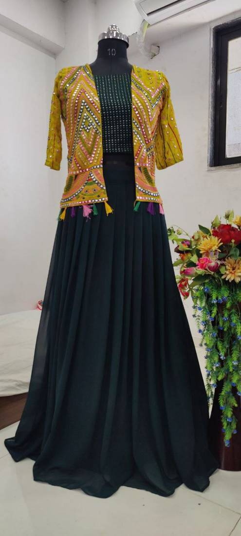Voolka Sea Green Fox Georgette Fabric With Embroidery Worked Designer Lehenga Choli And Jacket For Womens
