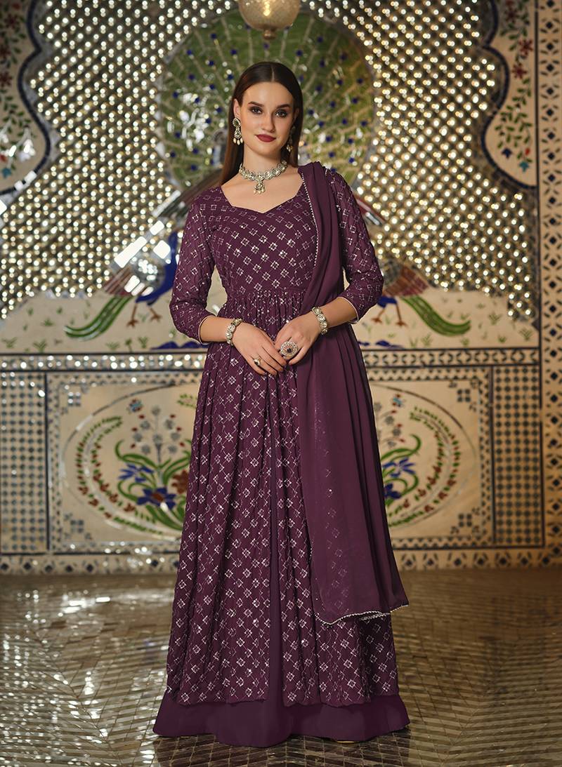 Purple sequins georgette salwar kameez