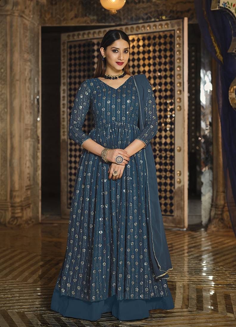 Dark-teal sequins georgette salwar