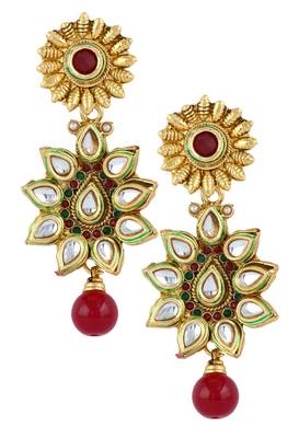 Flower 22K Antique Gold Plated Kundan Ruby Red Dangling Earring for Women 1