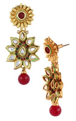 Flower 22K Antique Gold Plated Kundan Ruby Red Dangling Earring for Women 2