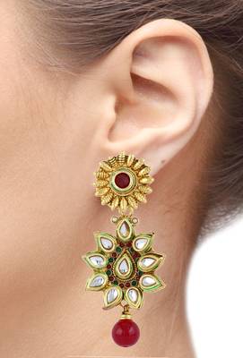 Flower 22K Antique Gold Plated Kundan Ruby Red Dangling Earring for Women 3
