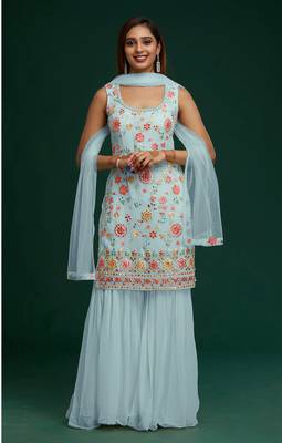 Sky-blue embroidered faux georgette salwar 1