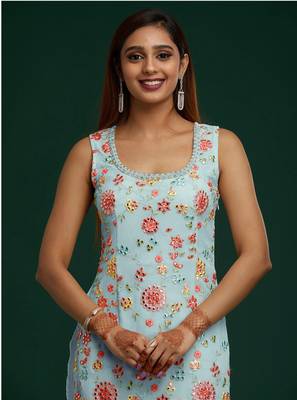Sky-blue embroidered faux georgette salwar 2