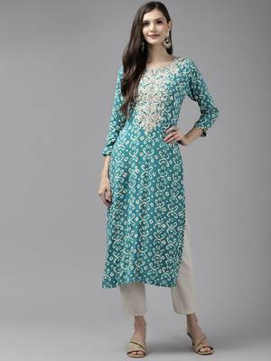Turquoise embroidered cotton ethnic-kurtis 2