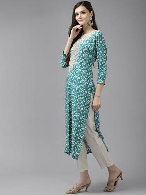 Turquoise embroidered cotton ethnic-kurtis 4