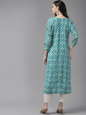Turquoise embroidered cotton ethnic-kurtis 5