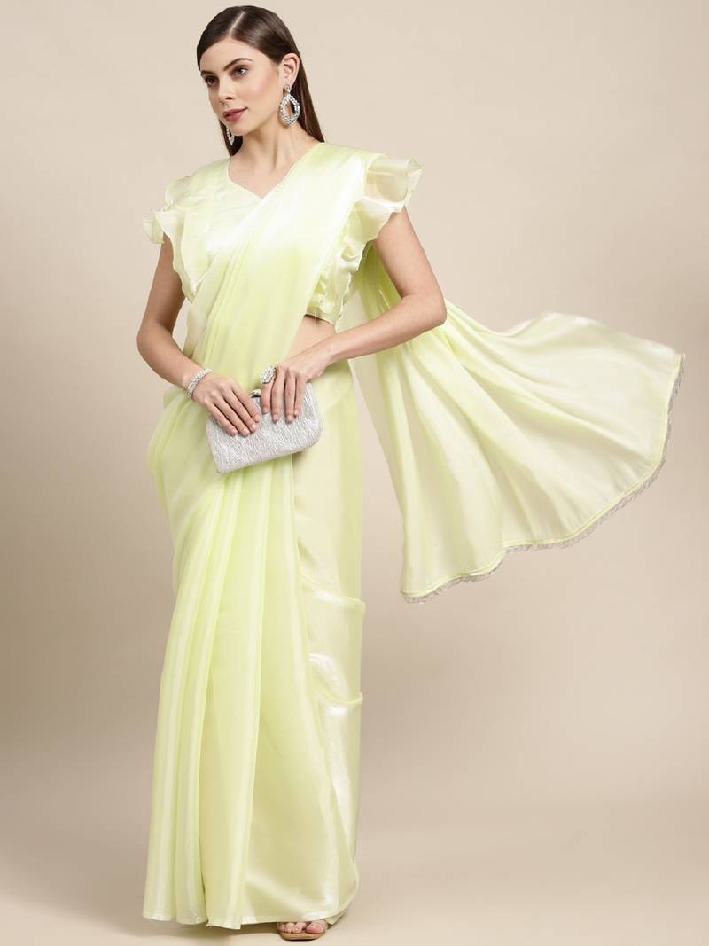 Light Yellow colour plain Pallu lace border jimi silk saree with unstitched blouse  