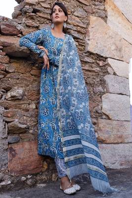 Blue and white hand blocked suit with pant and chanderi dupatta 1