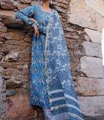 Blue and white hand blocked suit with pant and chanderi dupatta