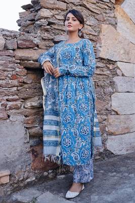 Blue and white hand blocked suit with pant and chanderi dupatta 2
