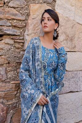 Blue and white hand blocked suit with pant and chanderi dupatta 4