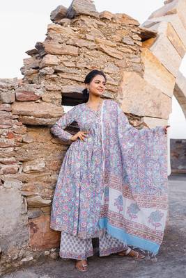 Sky blue and pink hand blocked suit with palazzo and chanderi dupatta 1