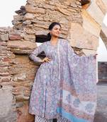 Sky blue and pink hand blocked suit with palazzo and chanderi dupatta