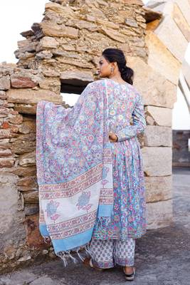 Sky blue and pink hand blocked suit with palazzo and chanderi dupatta 2