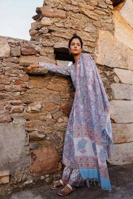 Sky blue and pink hand blocked suit with palazzo and chanderi dupatta 3