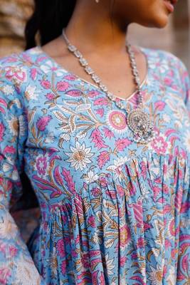 Sky blue and pink hand blocked suit with palazzo and chanderi dupatta 4