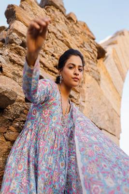 Sky blue and pink hand blocked suit with palazzo and chanderi dupatta 5