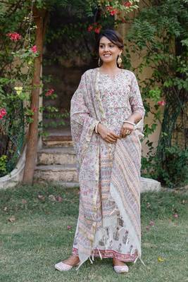 Pink and grey hand blocked suit with palazzo and chanderi dupatta with gotta work 1