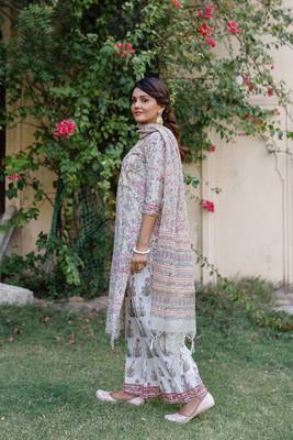 Pink and grey hand blocked suit with palazzo and chanderi dupatta with gotta work 3