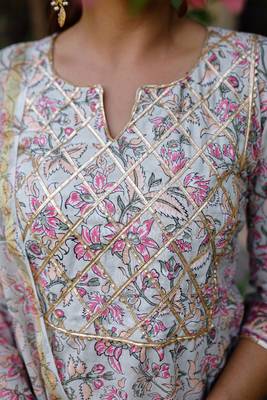 Pink and grey hand blocked suit with palazzo and chanderi dupatta with gotta work 4