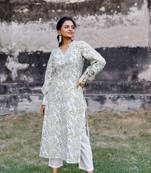 White and Mustard hand blocked kurta with pant (with bishop sleeves)