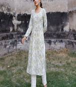 White and mustard hand blocked kurta with pant