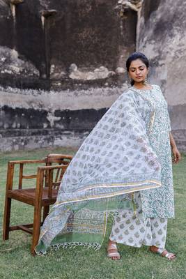 White and Green hand blocked kurta with palazzo and chanderi dupatta 1