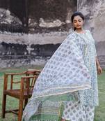 White and Green hand blocked kurta with palazzo and chanderi dupatta