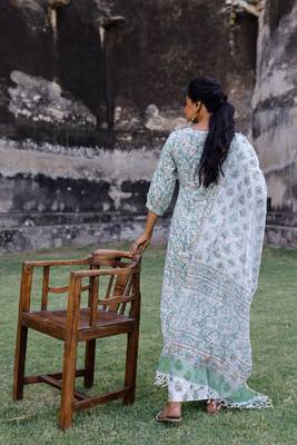White and Green hand blocked kurta with palazzo and chanderi dupatta 2