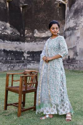 White and Green hand blocked kurta with palazzo and chanderi dupatta 3