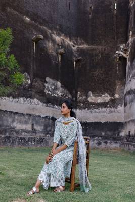 White and Green hand blocked kurta with palazzo and chanderi dupatta 5