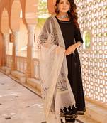 Solid black suit set with hand painted organza dupatta