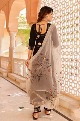 Solid black suit set with hand painted organza dupatta 2