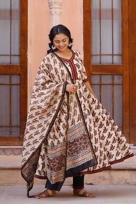 Maroon and Cream Bagru Hand Block Anarkali suit  with pant and Chanderi Dupatta 1