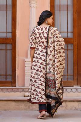 Maroon and Cream Bagru Hand Block Anarkali suit  with pant and Chanderi Dupatta 2
