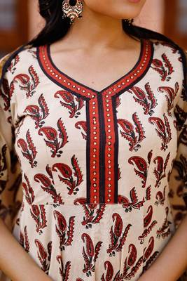 Maroon and Cream Bagru Hand Block Anarkali suit  with pant and Chanderi Dupatta 4