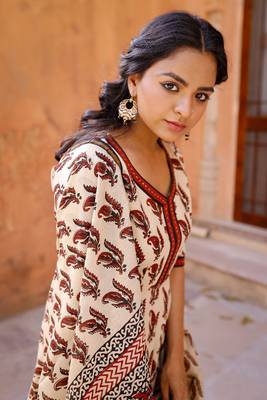 Maroon and Cream Bagru Hand Block Anarkali suit  with pant and Chanderi Dupatta 5