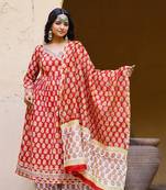 Red hand blocked angrakha suit with palazzo and chanderi dupatta
