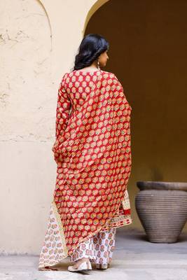 Red hand blocked angrakha suit with palazzo and chanderi dupatta 2