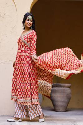 Red hand blocked angrakha suit with palazzo and chanderi dupatta 3